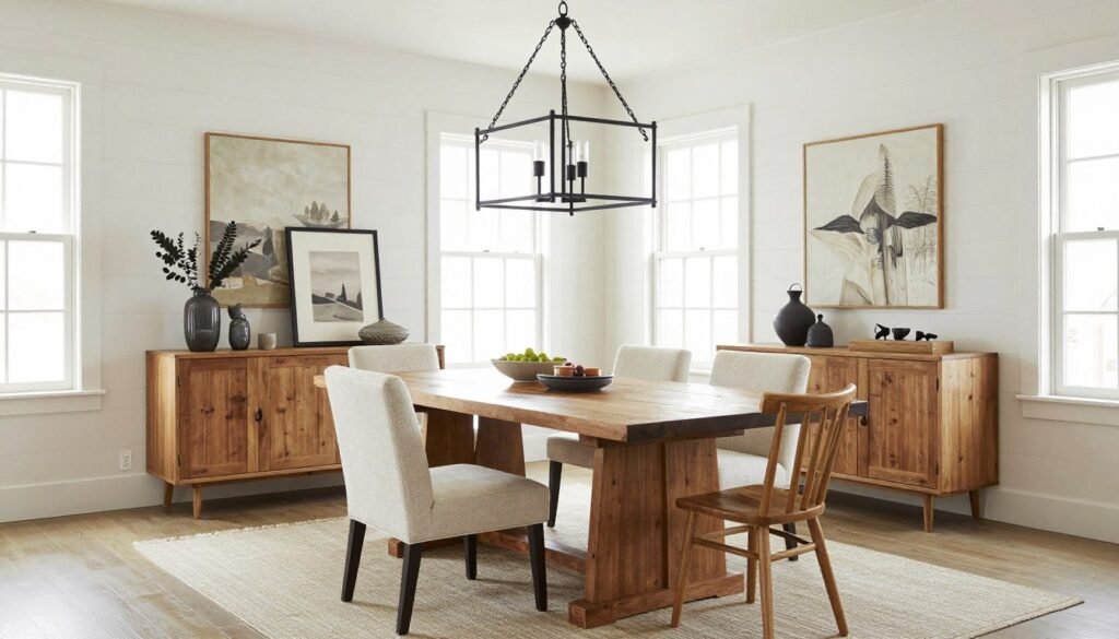 A beautifully styled modern farmhouse dining room combining all key elements of the style A beautifully styled modern farmhouse dining room combining all key elements of the style