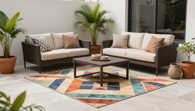 A beautifully styled patio with a colorful outdoor rug defining a seating area with comfortable furniture