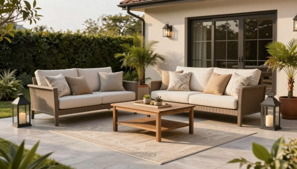 A beautifully styled patio with coordinated furniture, outdoor rug, and decorative elements