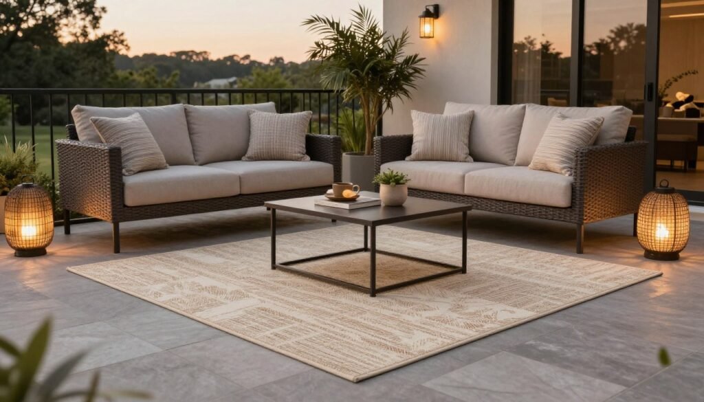A beautifully styled patio with the perfect outdoor rug creating a complete outdoor living space