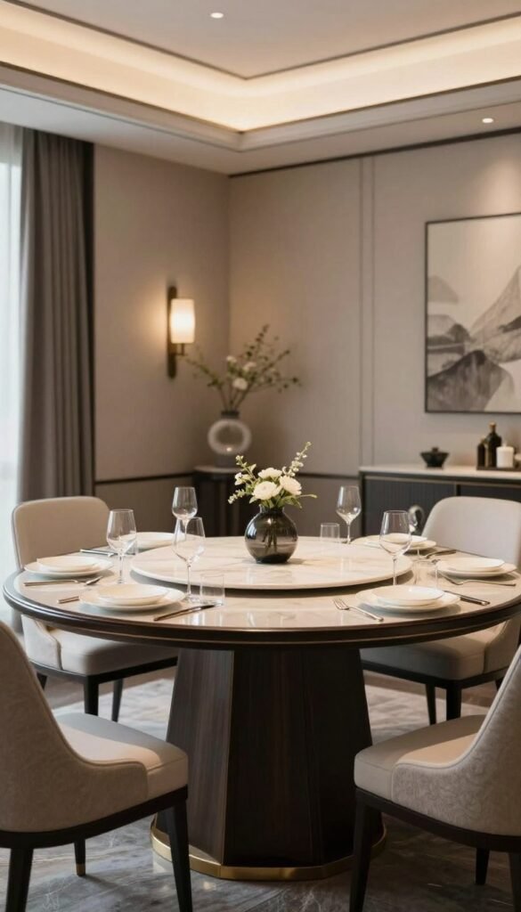 A beautifully styled round dining room set with elegant place settings and centerpiece