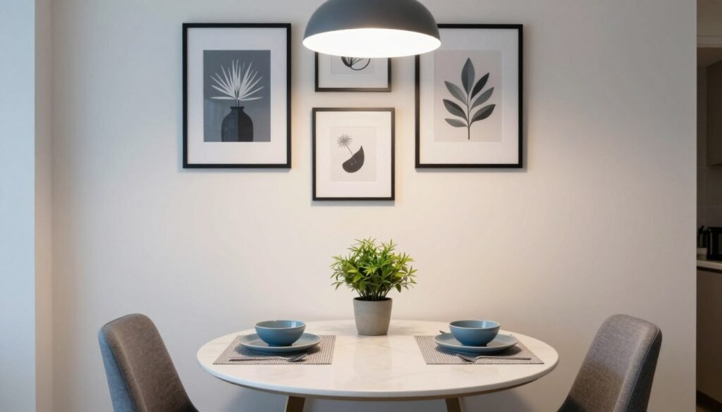 A beautifully styled small dining area with artwork, plants, and textiles