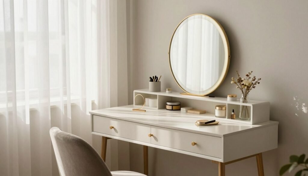A beautifully styled vanity desk in a peaceful corner with morning light, showing a perfect balance of function and personal style
