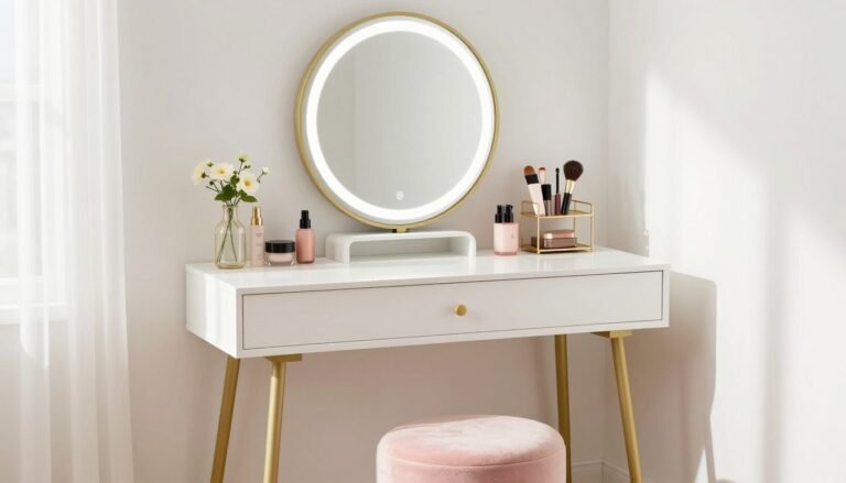 A beautifully styled vanity set up with a white table, round mirror with lights, organized makeup products, and a plush pink stool
