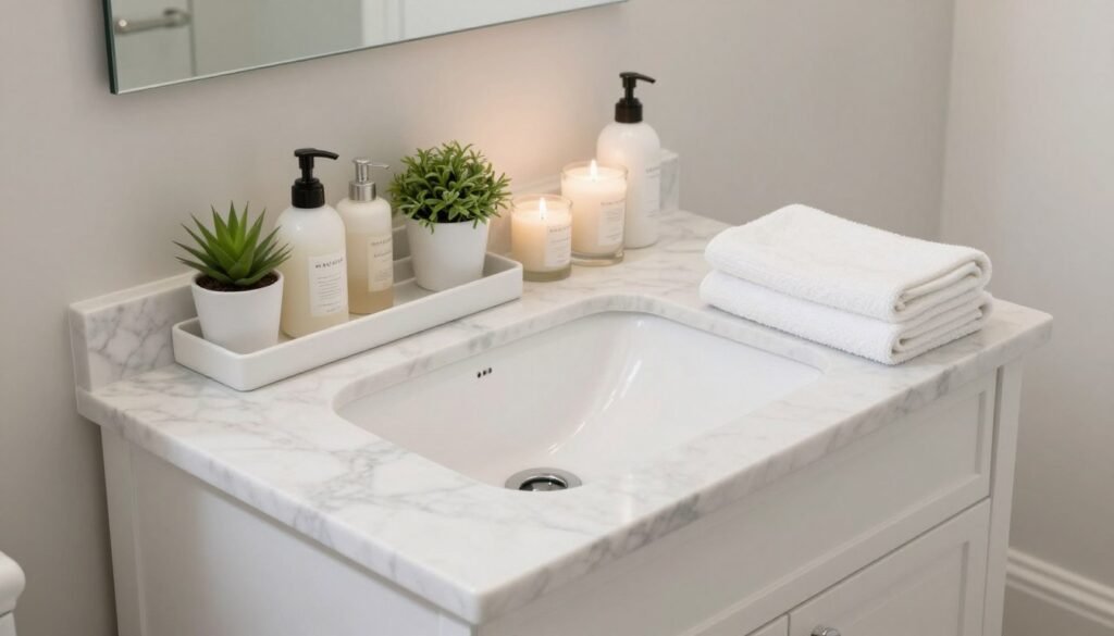 A beautifully styled white bathroom vanity with carefully arranged accessories