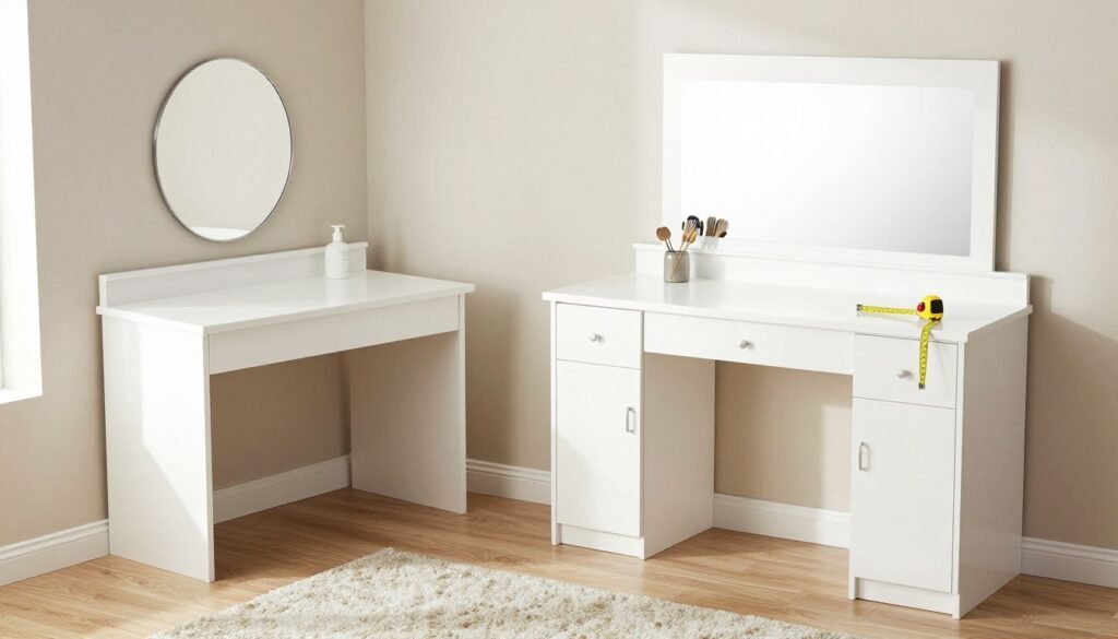 A bedroom layout showing different vanity desk sizes and their space requirements with measuring tape visible