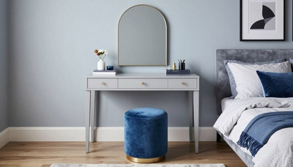 A bedroom with a cohesive color scheme including a perfectly coordinated vanity stool