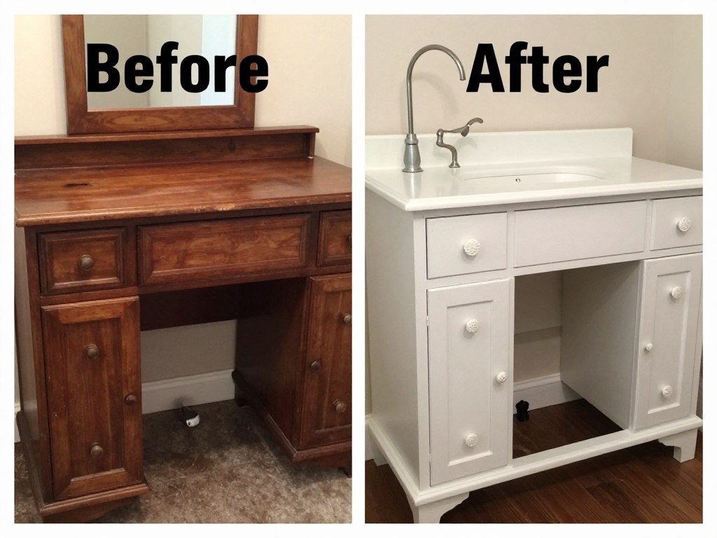 A before and after of a vanity makeover showing how paint and new hardware transformed an old piece