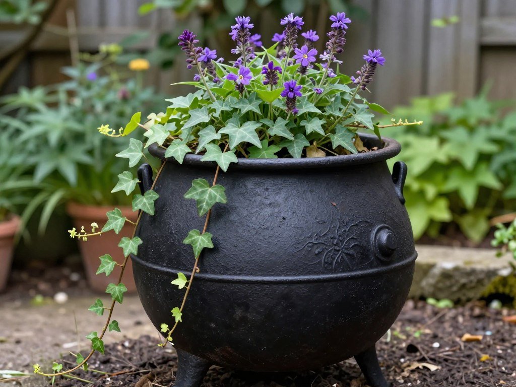A black cast iron cauldron used as a planter with trailing ivy and purple flowers in a witchy backyard setting