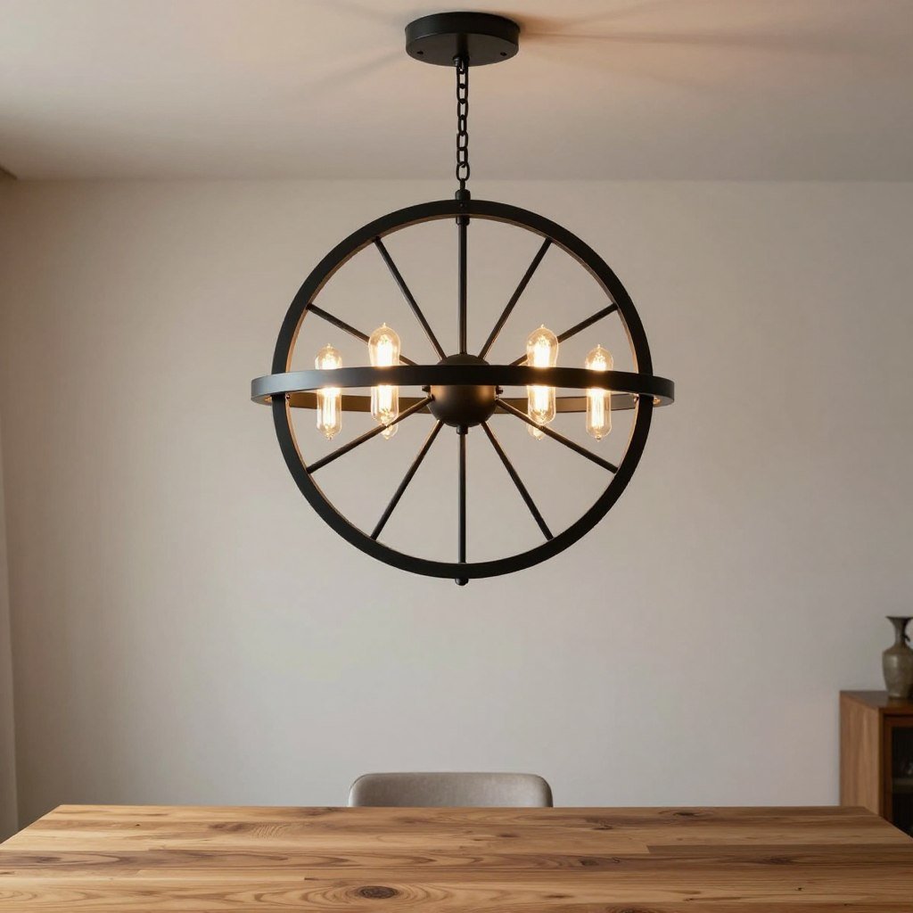 A black metal chandelier hanging over a farmhouse dining table A black metal chandelier hanging over a farmhouse dining table