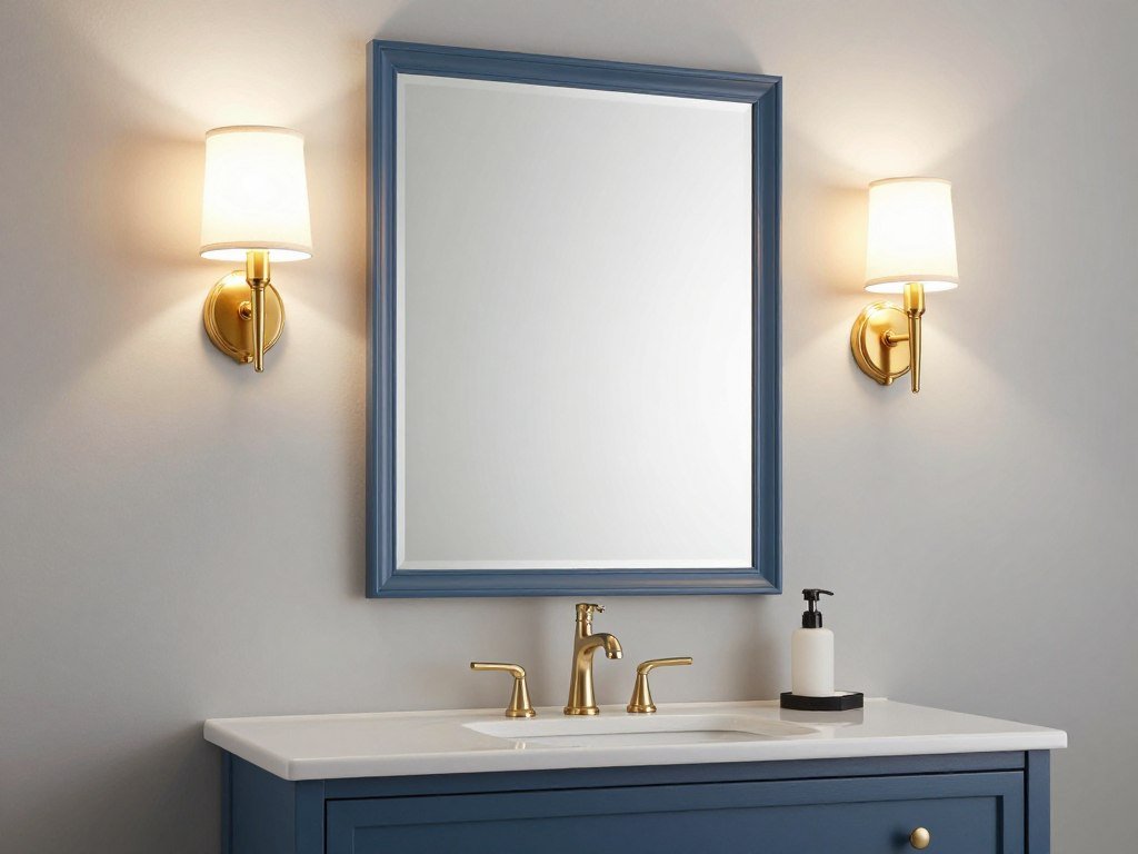 A blue bathroom vanity with elegant gold sconces mounted on either side of a framed mirror, creating perfect task lighting and visual balance
