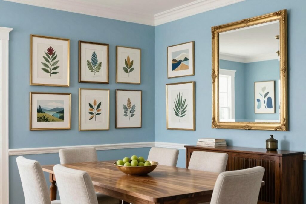 A blue dining room with a gallery wall featuring various framed artwork