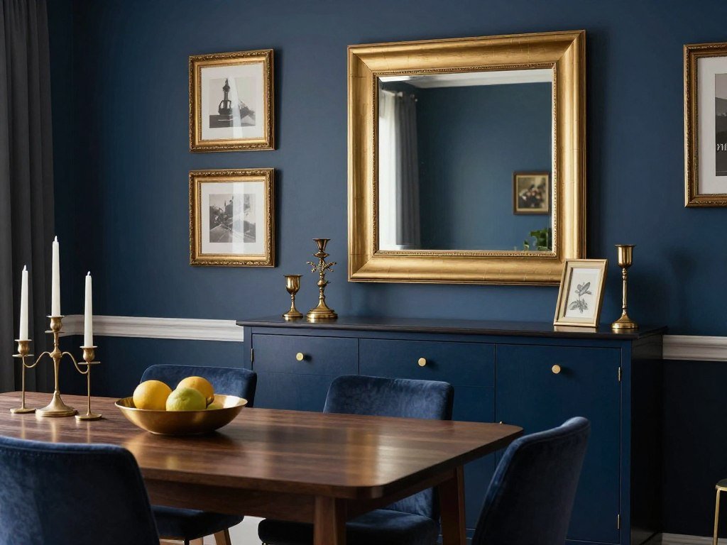 A blue dining room with gold and brass accents including frames, candlesticks, and hardware