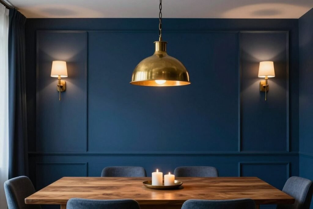 A blue dining room with statement pendant lighting and warm ambient glow