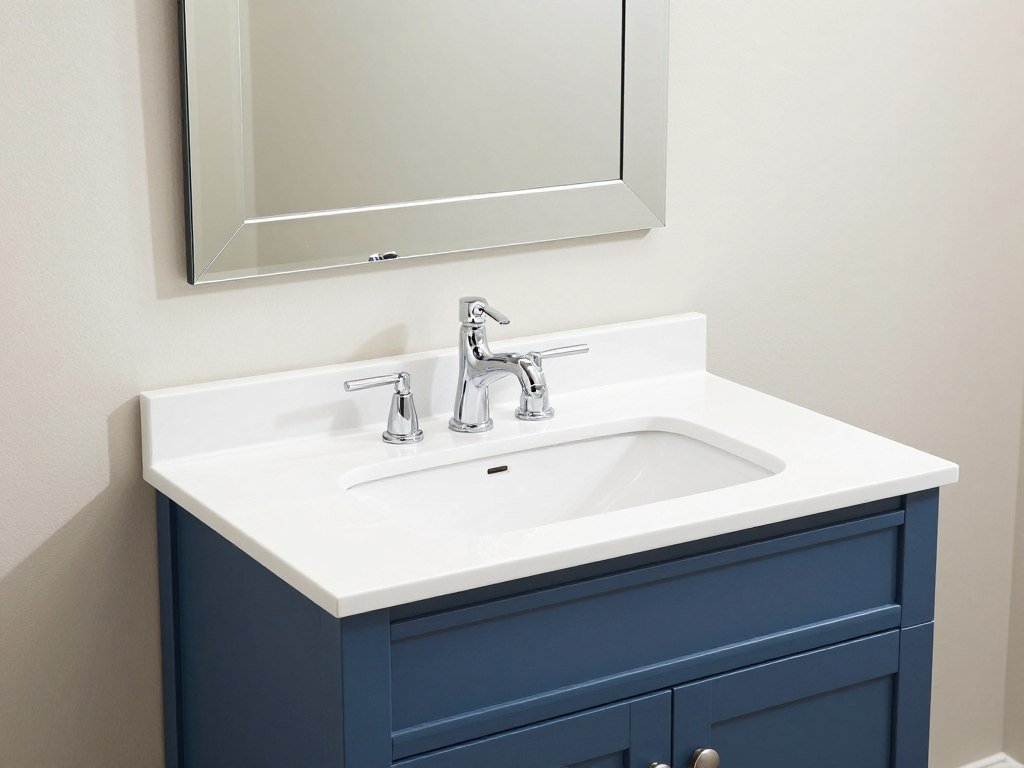 A blue single sink bathroom vanity with white countertop and modern fixtures