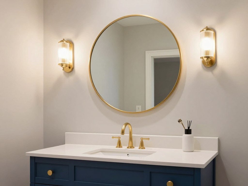 A blue vanity bathroom with a round gold-framed mirror and wall sconces