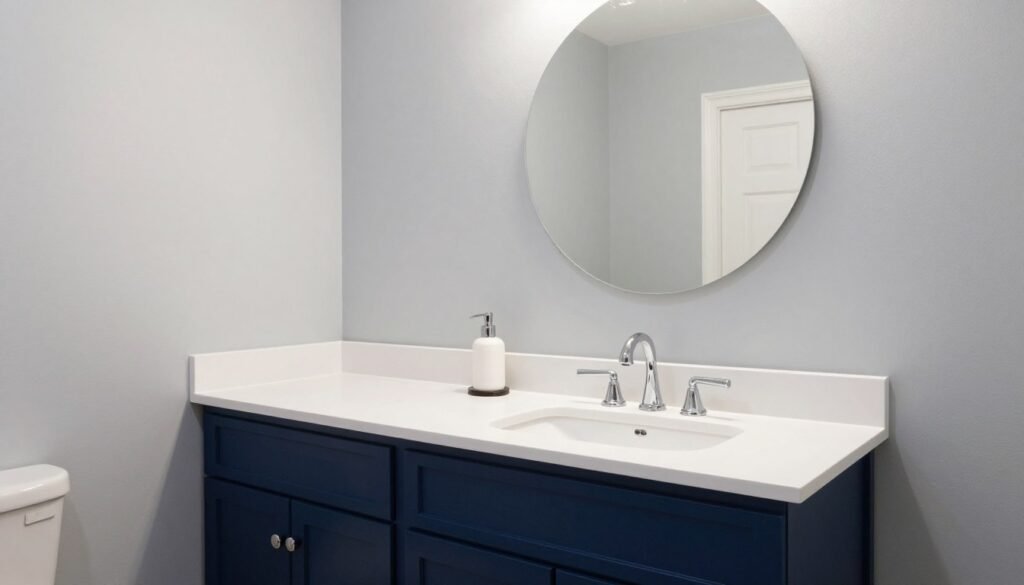 A blue vanity bathroom with complementary light gray walls and white trim
