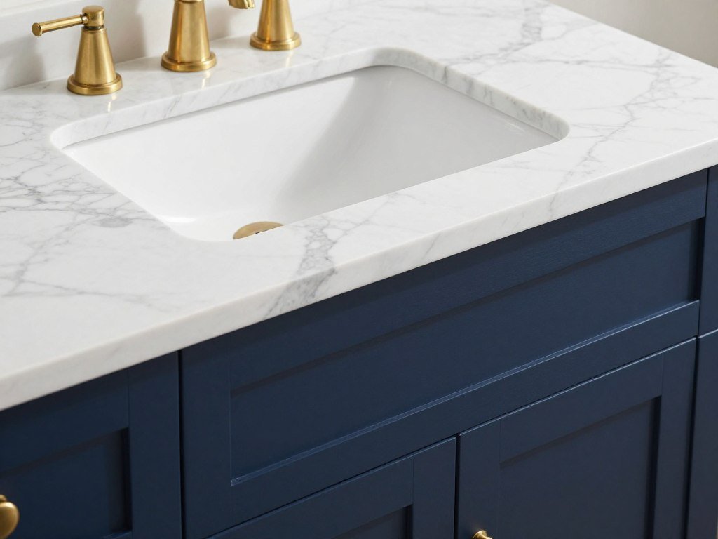 A blue vanity with white marble countertop showing beautiful veining
