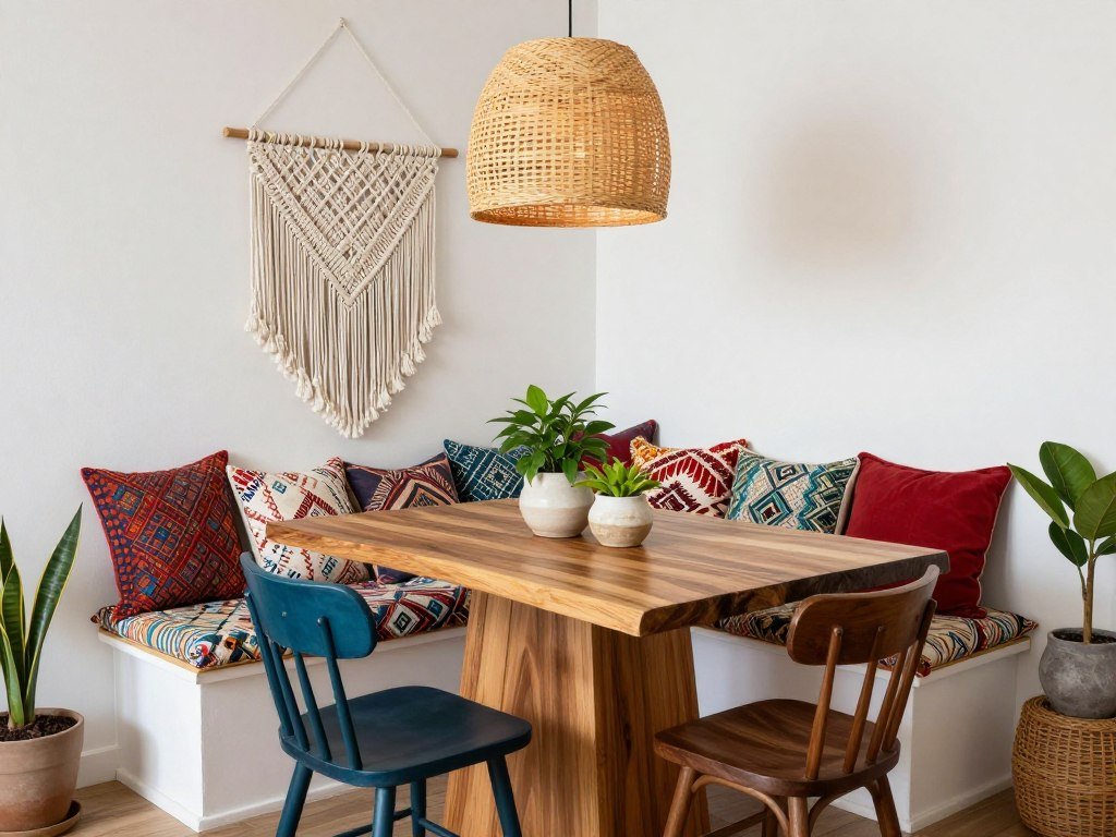 A bohemian corner dining nook with rich textures, patterns, and eclectic accessories A bohemian corner dining nook with rich textures, patterns, and eclectic accessories