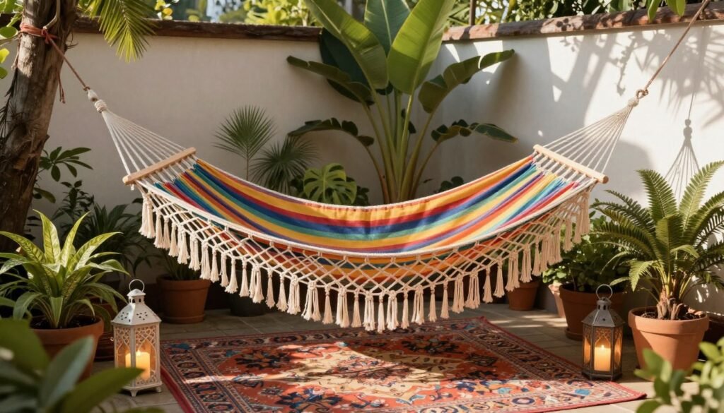 A bohemian-style backyard with a colorful macramé hammock surrounded by potted plants, lanterns, and patterned outdoor rugs