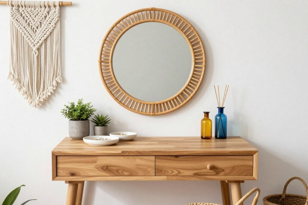 A bohemian-style wooden vanity desk with a rattan mirror, plants, and eclectic accessories