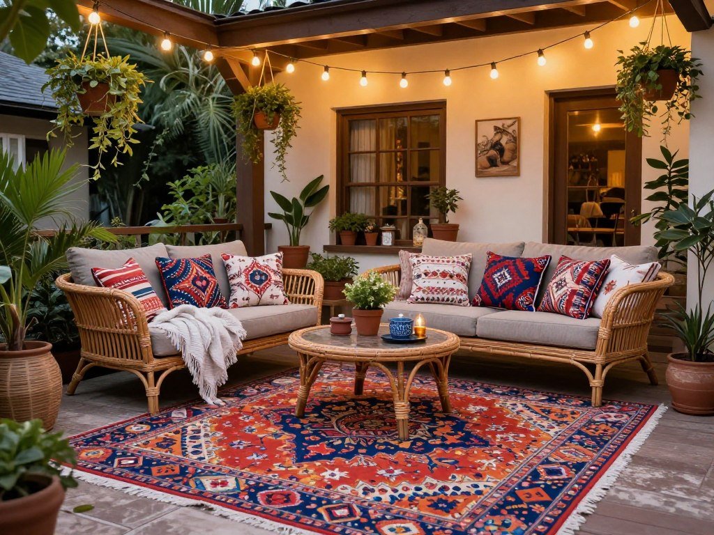 A bohemian-styled patio with a colorful patterned outdoor rug, mixed textiles, and eclectic furniture pieces
