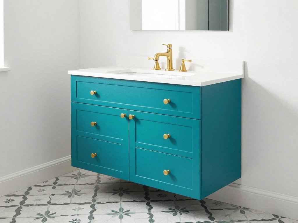 A bold teal bathroom vanity with brass hardware and white countertop in a modern bathroom with patterned floor tiles