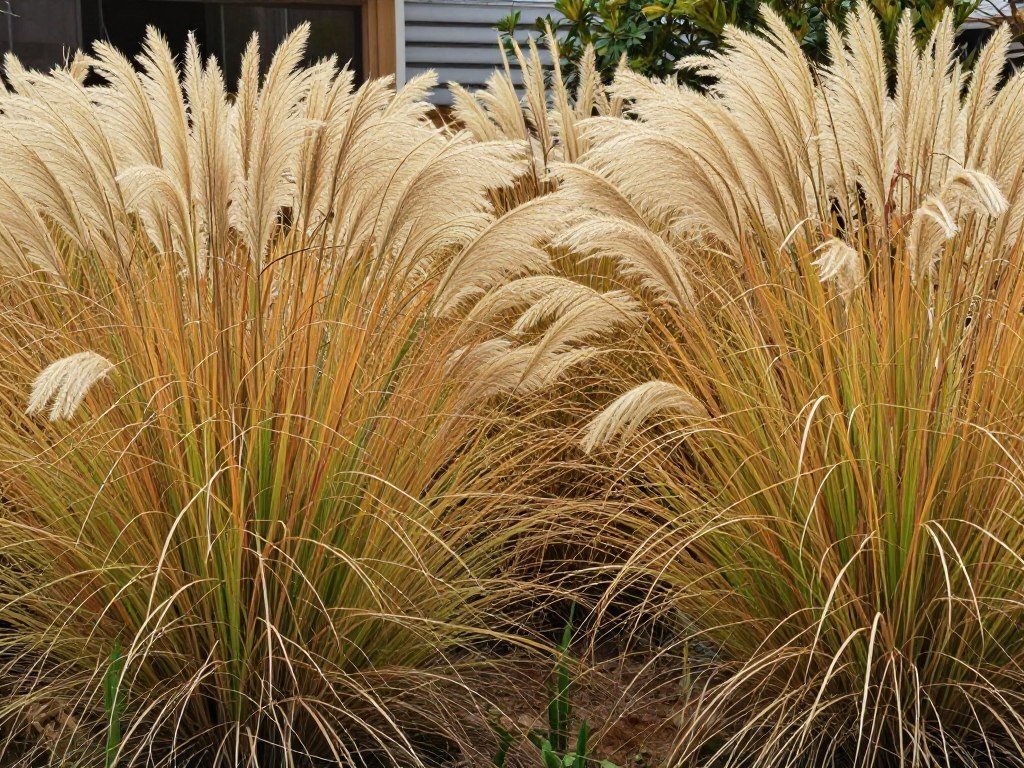 A border of tall ornamental grasses creating a soft, moving privacy screen between properties