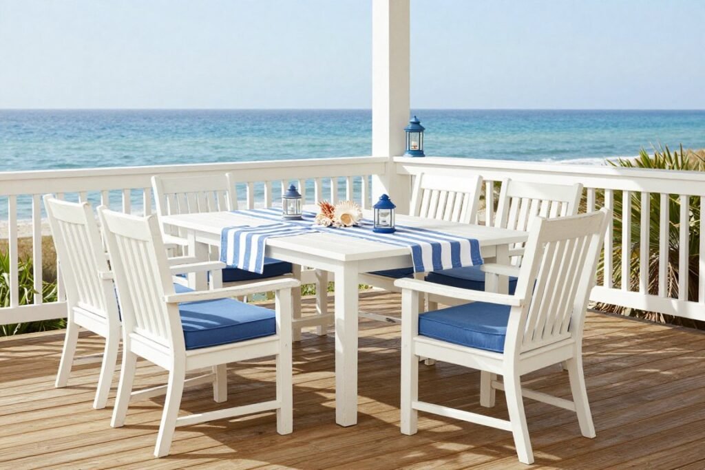 A breezy coastal-style patio dining set in white with blue accents A breezy coastal-style patio dining set in white with blue accents