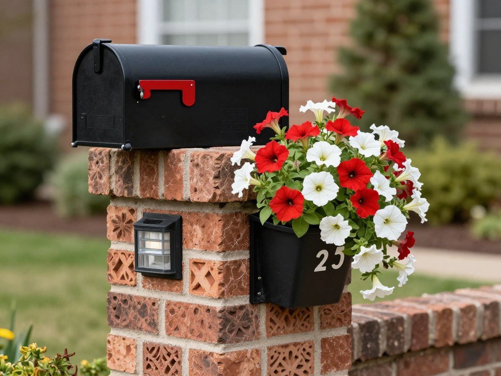 A brick mailbox column with built-in planter featuring colorful annual flowers and solar lighting