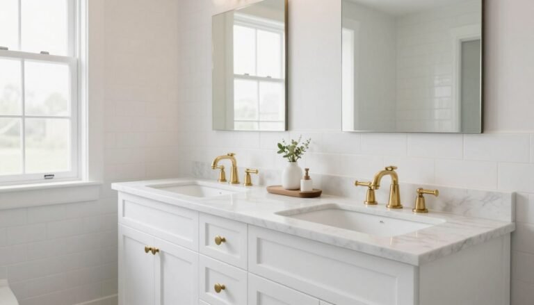 A bright, airy bathroom featuring a white double sink vanity with marble countertop and brass hardware