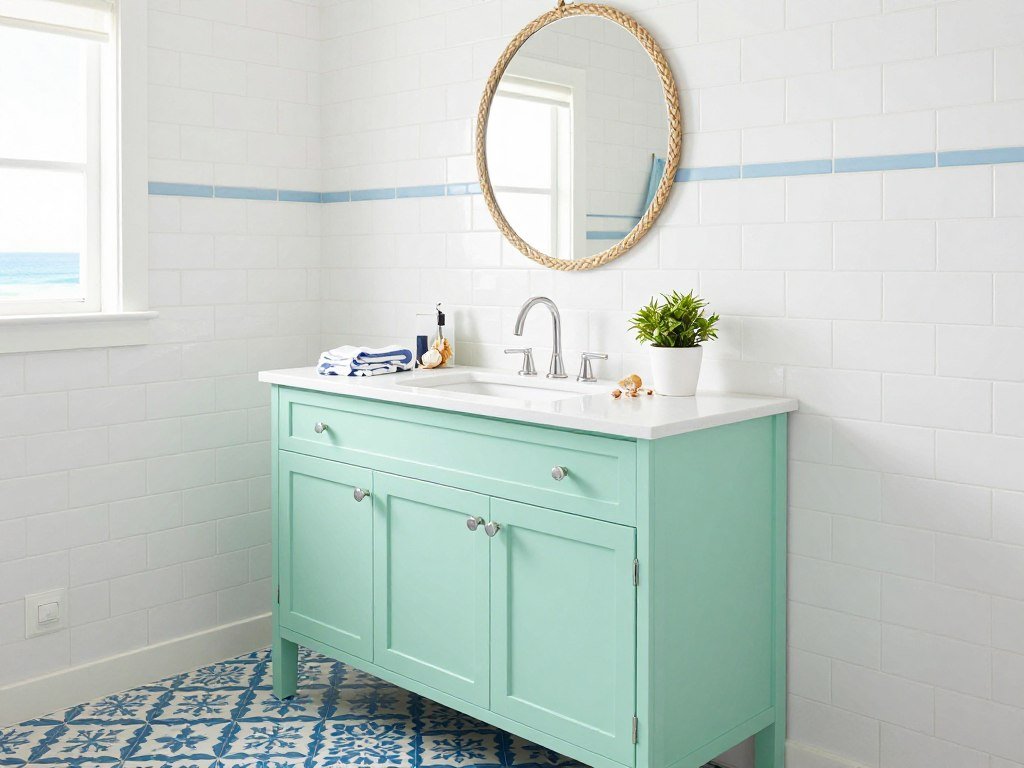 A bright coastal bathroom with mint green vanity, white subway tile, and nautical accents