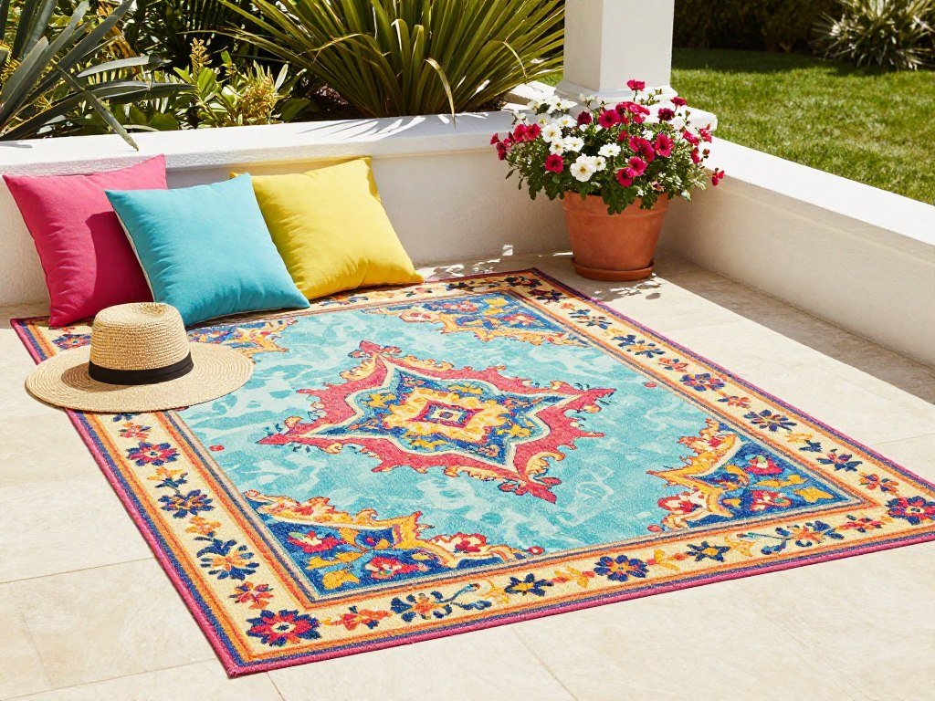 A bright, colorful outdoor rug with floral or geometric patterns perfect for spring and summer