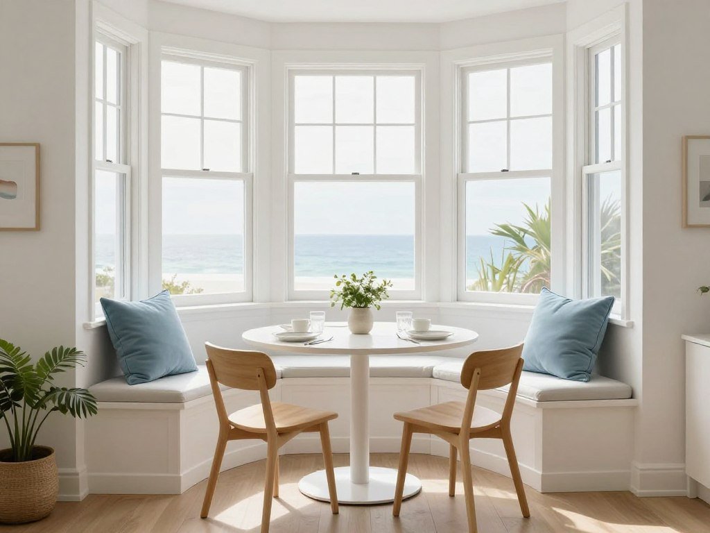 A bright corner dining nook situated in a bay window with built-in seating and a round table A bright corner dining nook situated in a bay window with built-in seating and a round table