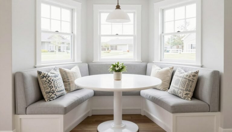 A bright corner dining nook with built-in banquette seating, round table, and natural light streaming through windows