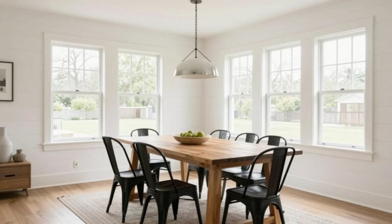 A bright modern farmhouse dining room with white walls, wood table, and black accents