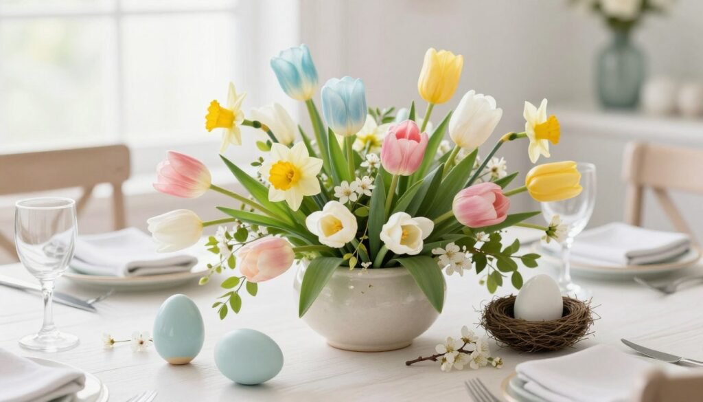 A bright spring dining table centerpiece featuring tulips, daffodils, and fresh greenery in a light-colored ceramic vessel A bright spring dining table centerpiece featuring tulips, daffodils, and fresh greenery in a light-colored ceramic vessel