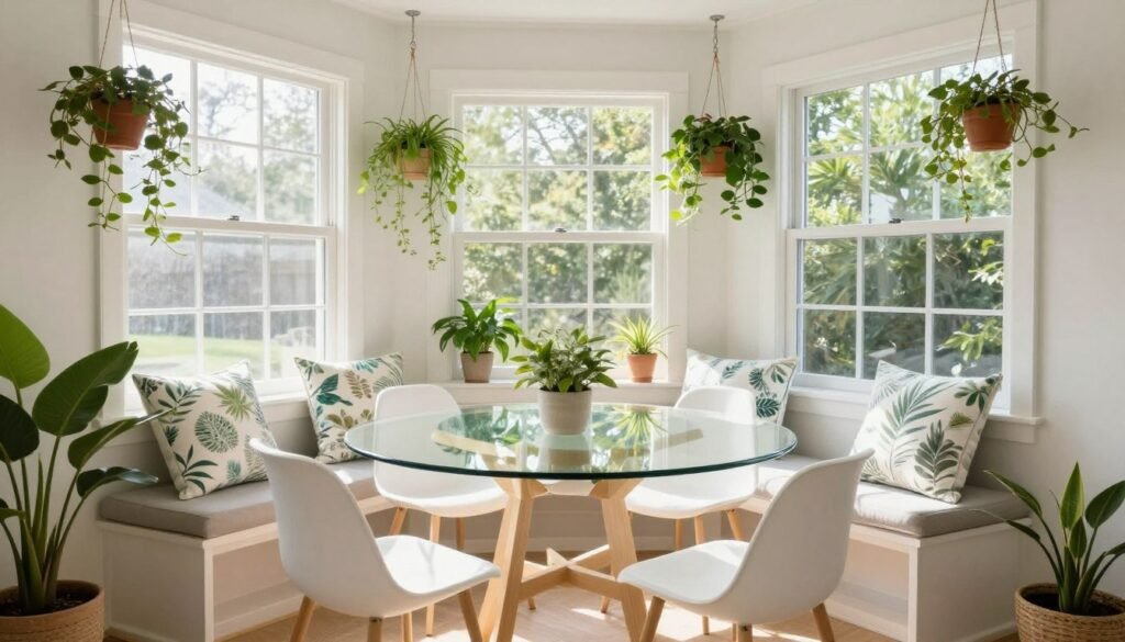 A bright sunroom corner dining nook with glass table, light furniture, and plants A bright sunroom corner dining nook with glass table, light furniture, and plants