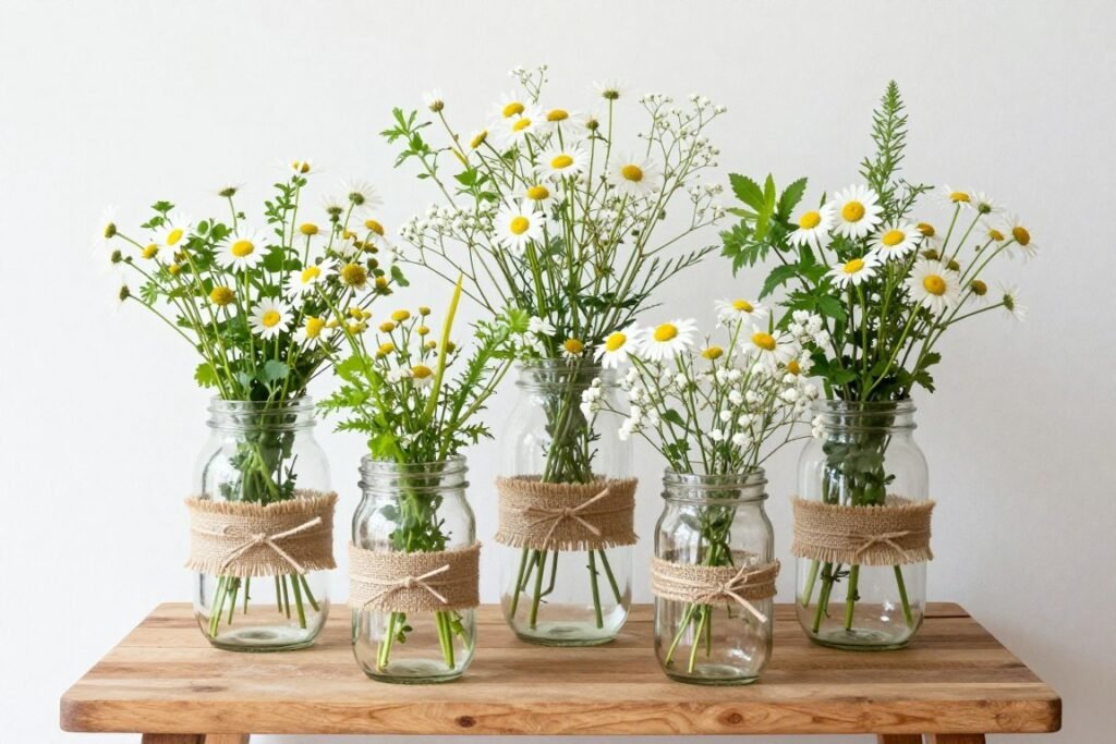 A budget-friendly DIY centerpiece using repurposed glass jars filled with wildflowers and wrapped with twine A budget-friendly DIY centerpiece using repurposed glass jars filled with wildflowers and wrapped with twine