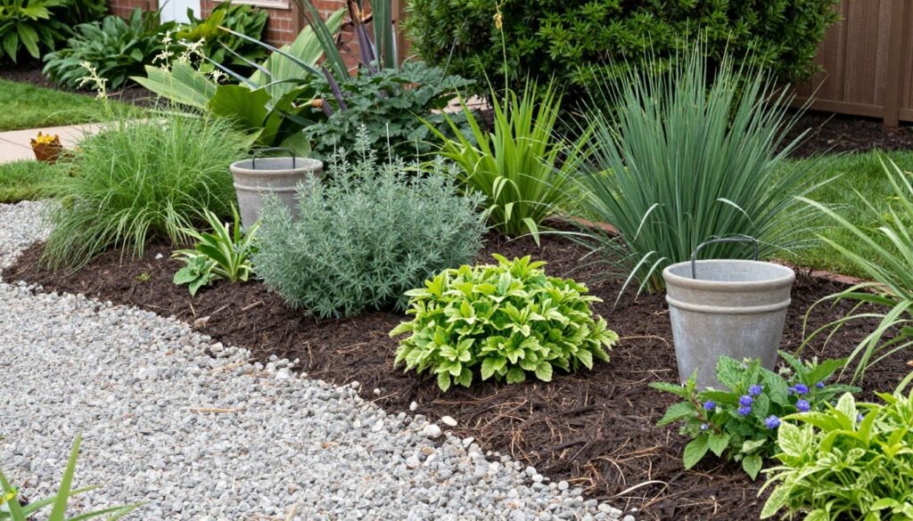 A budget-friendly front yard landscape with perennials, mulch, and simple DIY elements
