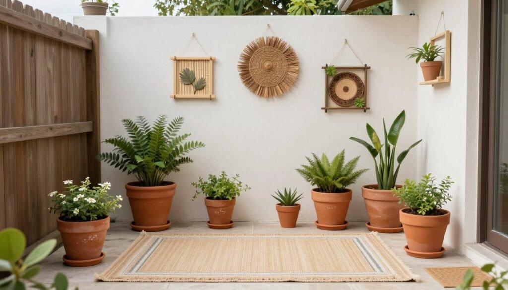 A budget-friendly patio decorated with painted terracotta pots, DIY wall art, and an outdoor rug