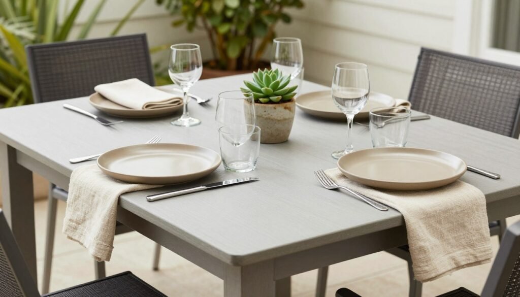 A casually elegant patio dining table set for everyday use with simple, durable elements A casually elegant patio dining table set for everyday use with simple, durable elements