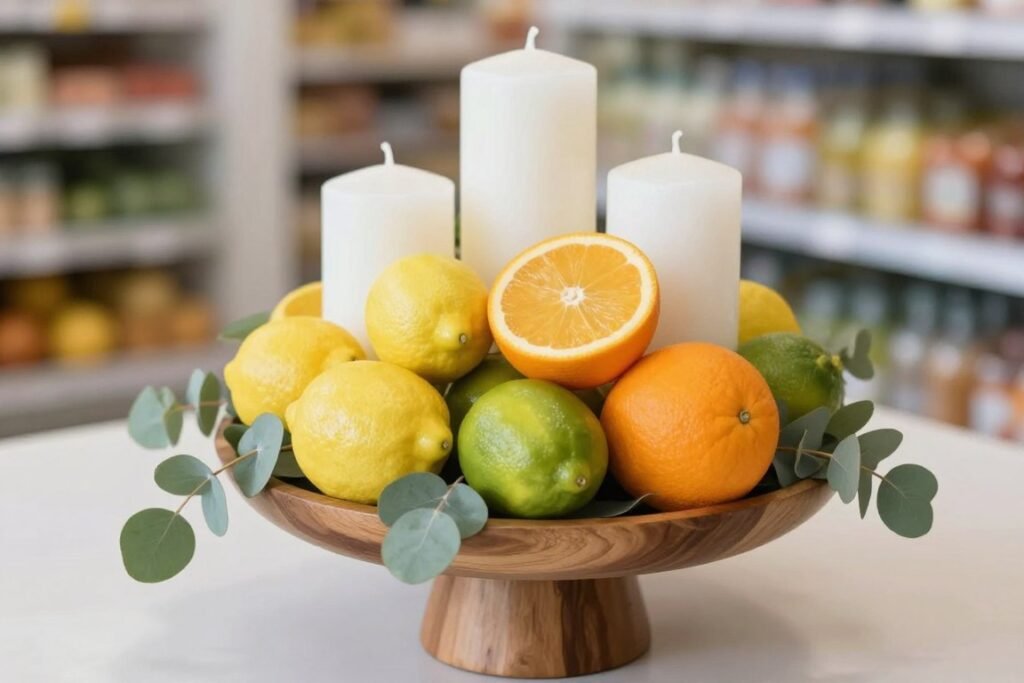 A centerpiece created from grocery store items including citrus fruits arranged in a wooden bowl with fresh eucalyptus A centerpiece created from grocery store items including citrus fruits arranged in a wooden bowl with fresh eucalyptus