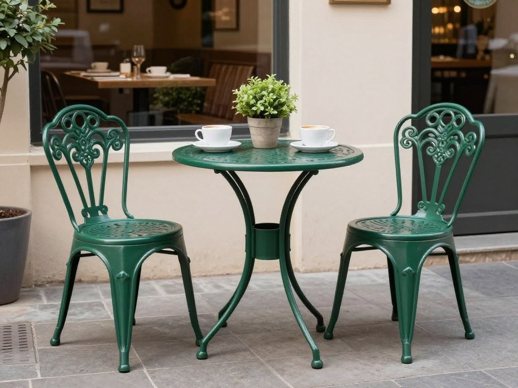 A charming bistro patio dining set with two chairs and a small round table A charming bistro patio dining set with two chairs and a small round table