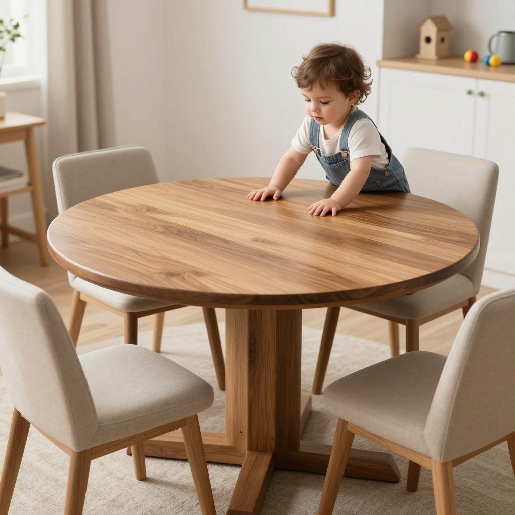 A child safely playing near a circle dining table