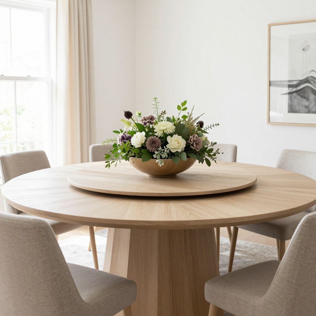 A circle dining table with a beautiful low floral centerpiece allowing for conversation