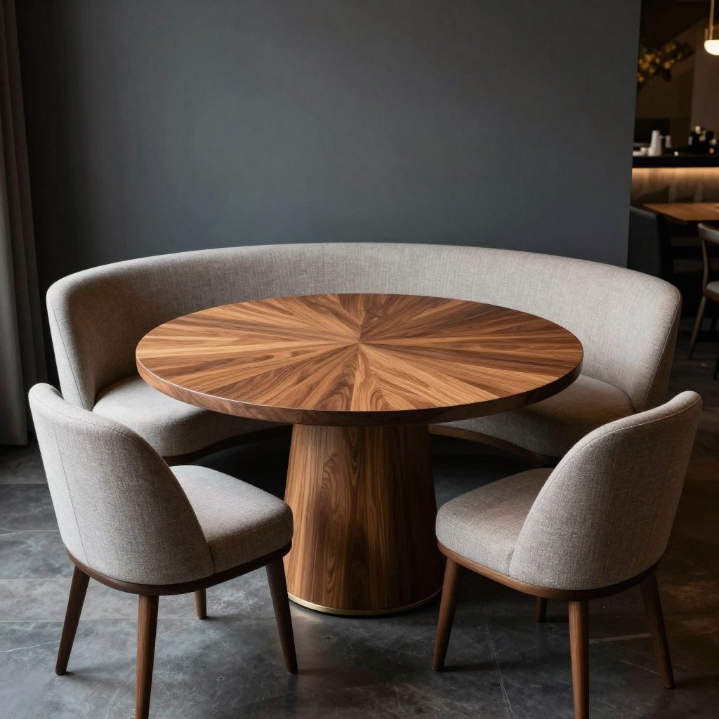 A circle dining table with mixed seating including upholstered chairs and a curved bench