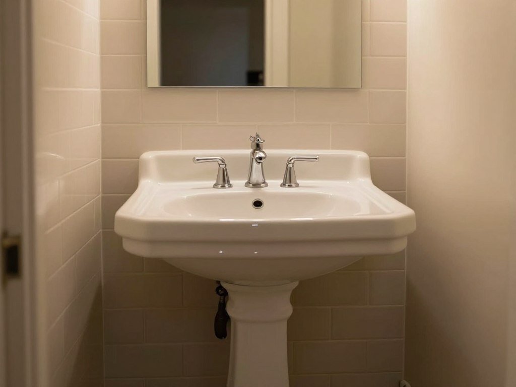 A classic pedestal vanity in a small traditional bathroom