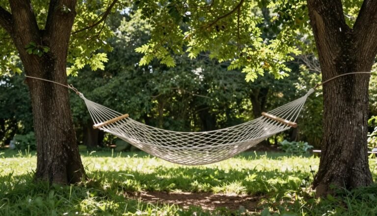 A classic rope hammock strung between two mature trees in a lush backyard setting with dappled sunlight filtering through the leaves