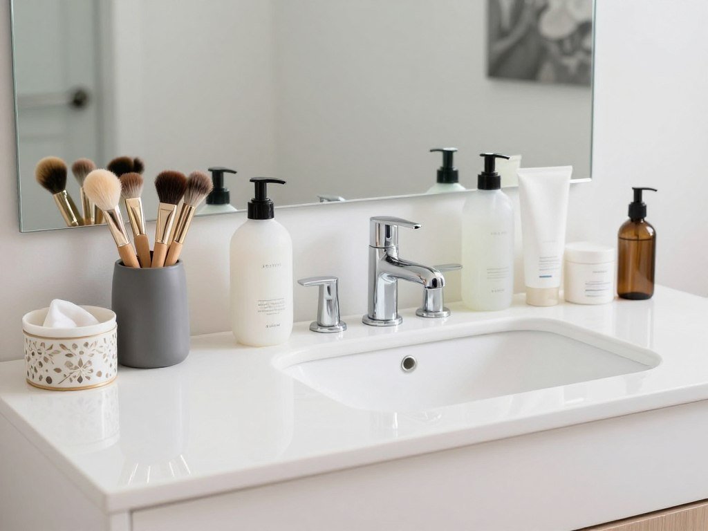 A clean, organized vanity surface with everything in its place, showing the result of good maintenance habits